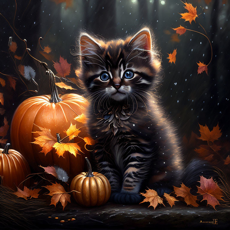 Tabby kitten with blue eyes among pumpkins and autumn leaves in enchanting fall scene