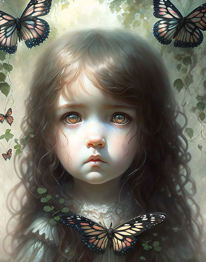 Young girl with blue eyes and butterflies in digital painting