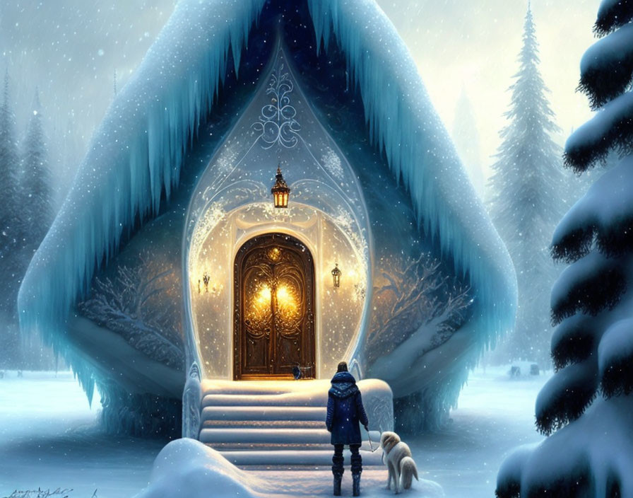 Person and dog in front of ornate snowy house door