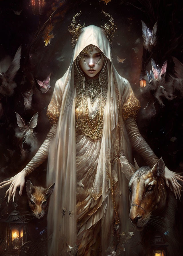 Mystical figure in golden attire with animals and butterflies on dark background