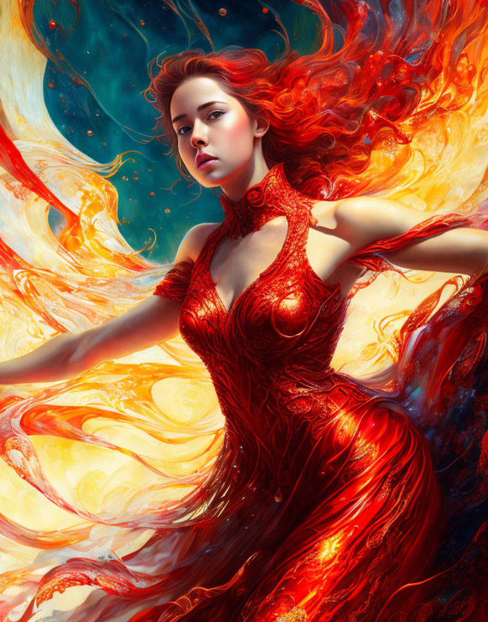 Vibrant woman with red hair in phoenix-like attire on cosmic background