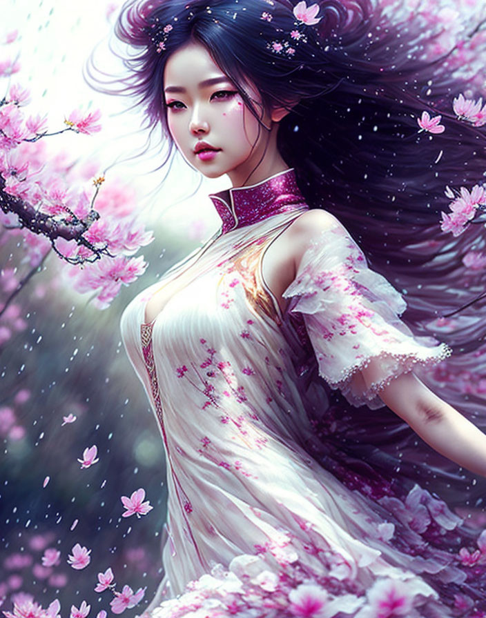 Digital artwork: Woman with long hair in cherry blossom fantasy scene