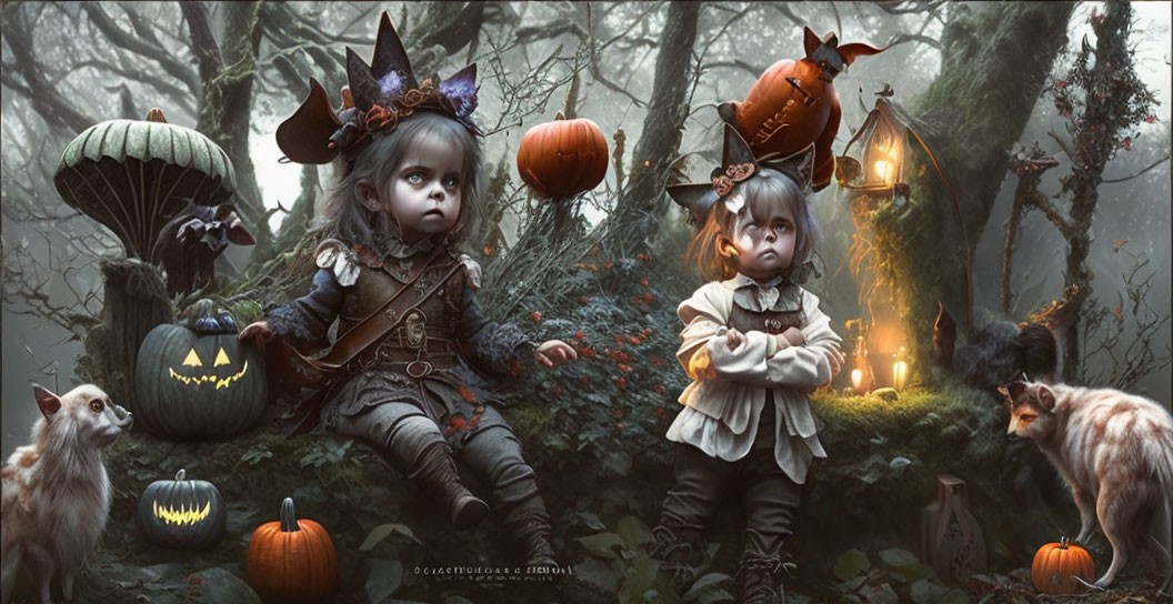 Children in fantasy attire with pumpkins and cats in misty forest - Halloween theme