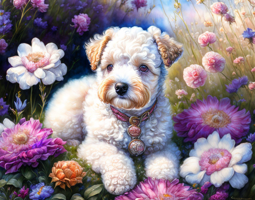 Fluffy white dog with brown patches in vibrant floral setting