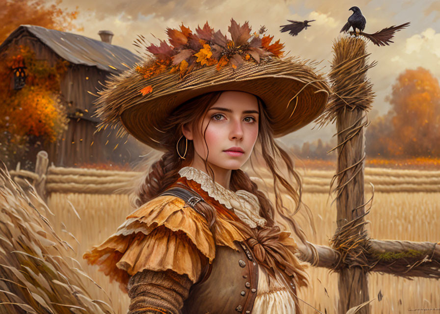 Woman with Autumn Leaves Hat, Crow on Fence, Fall Landscape & Barn