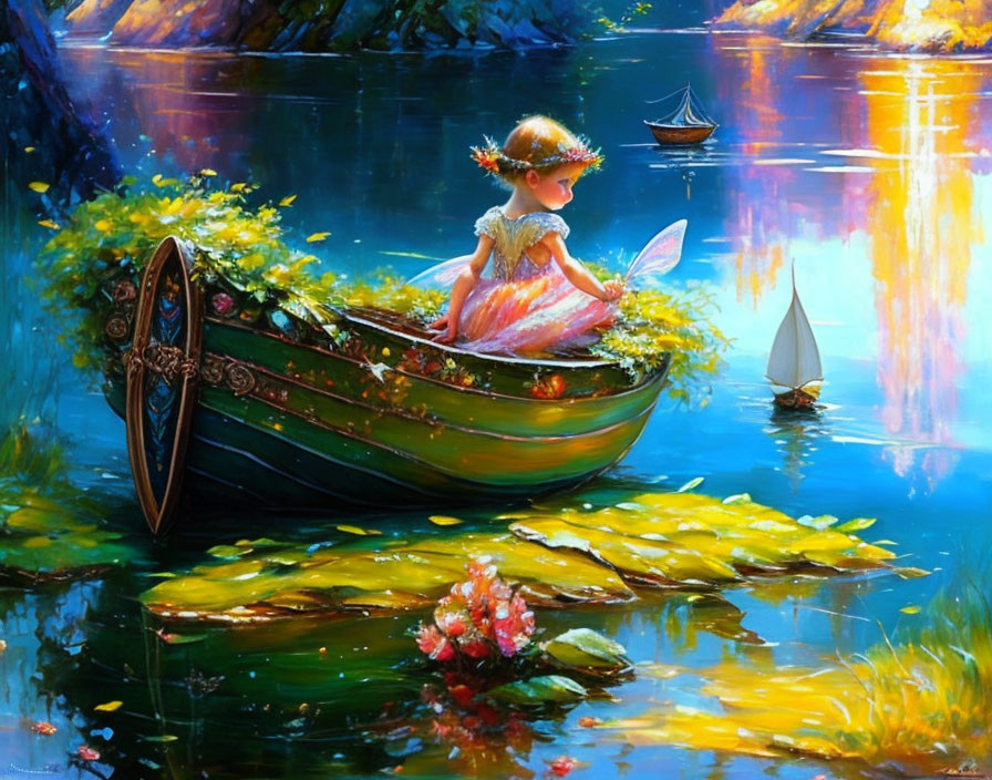 Colorful painting of young girl with fairy wings in boat among lily pads