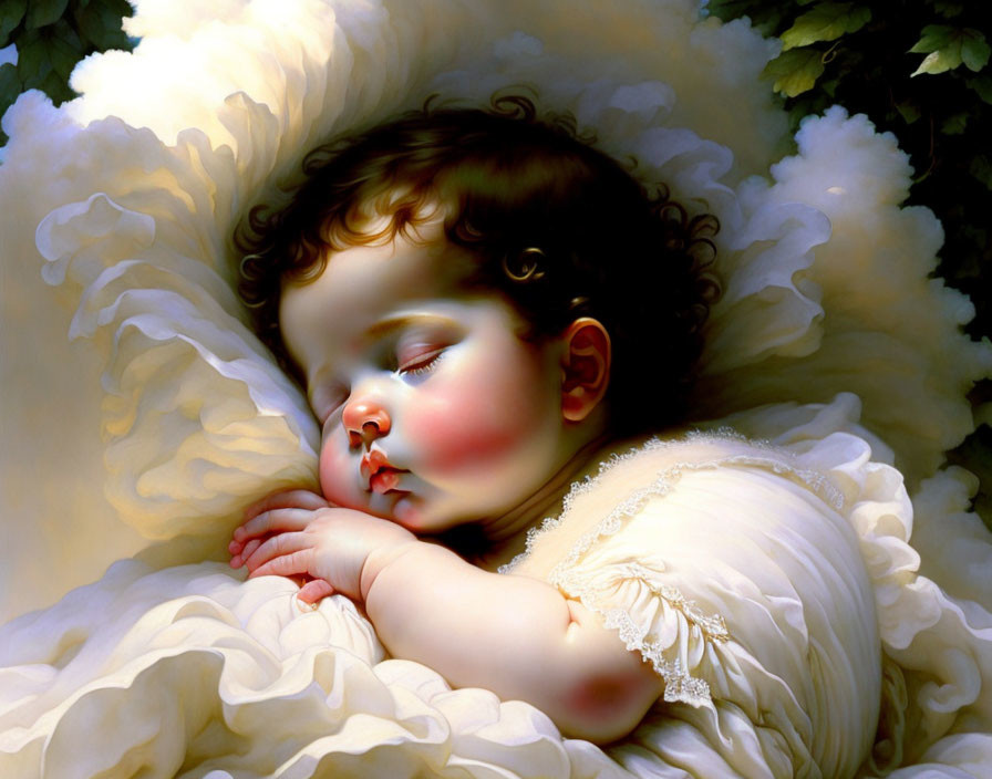 Peaceful Baby Sleeping Surrounded by White Blankets and Green Foliage