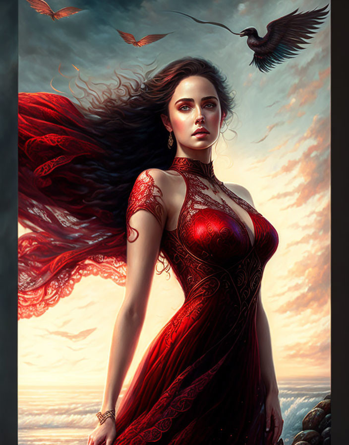 Woman in red lace dress on beach at dusk with billowing hair and birds in sky