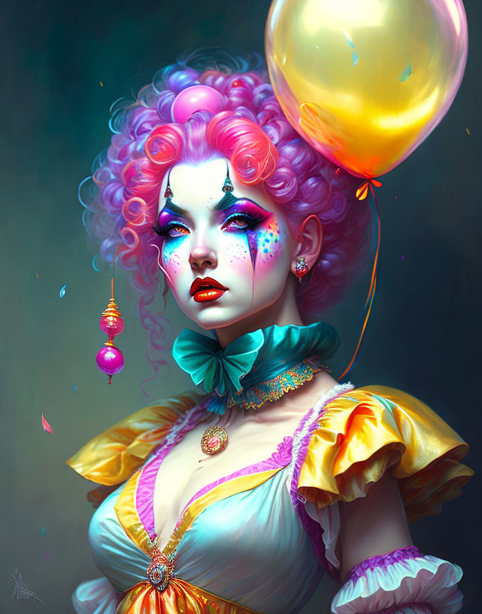 Vibrant illustration of woman with pink and purple hair and Victorian dress