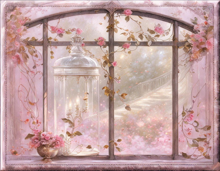 Arched window with blossoming vines in misty garden