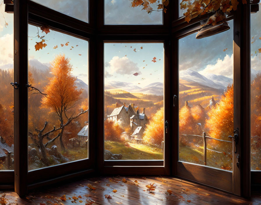 Autumn village view from open window with cozy cottages and golden trees