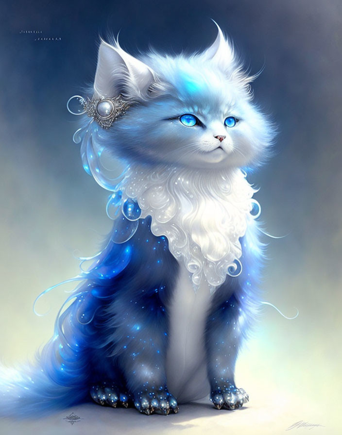 Majestic blue and white fur cat with sparkling eyes and ornate jewelry