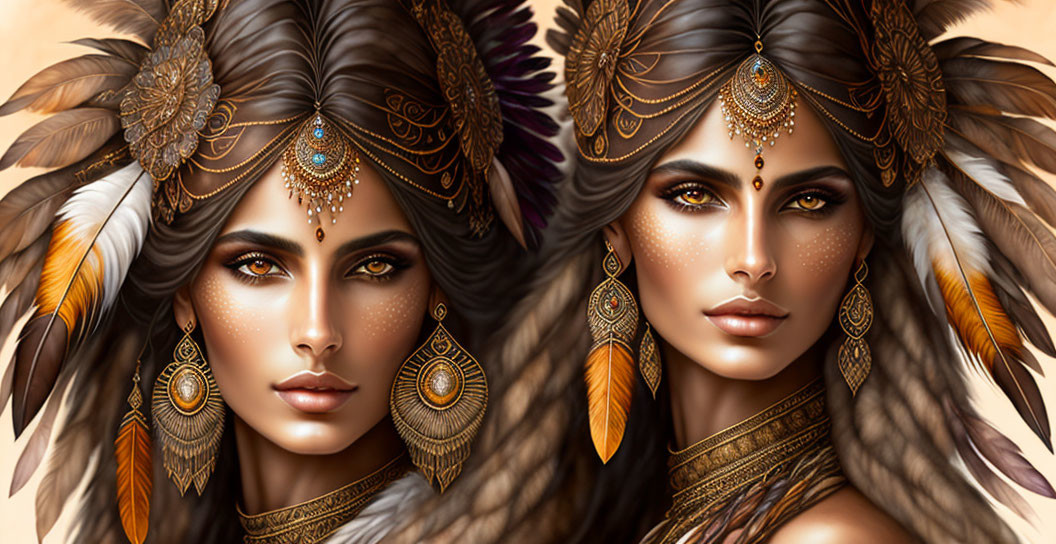 Two women adorned with decorative feathers and ornate jewelry.