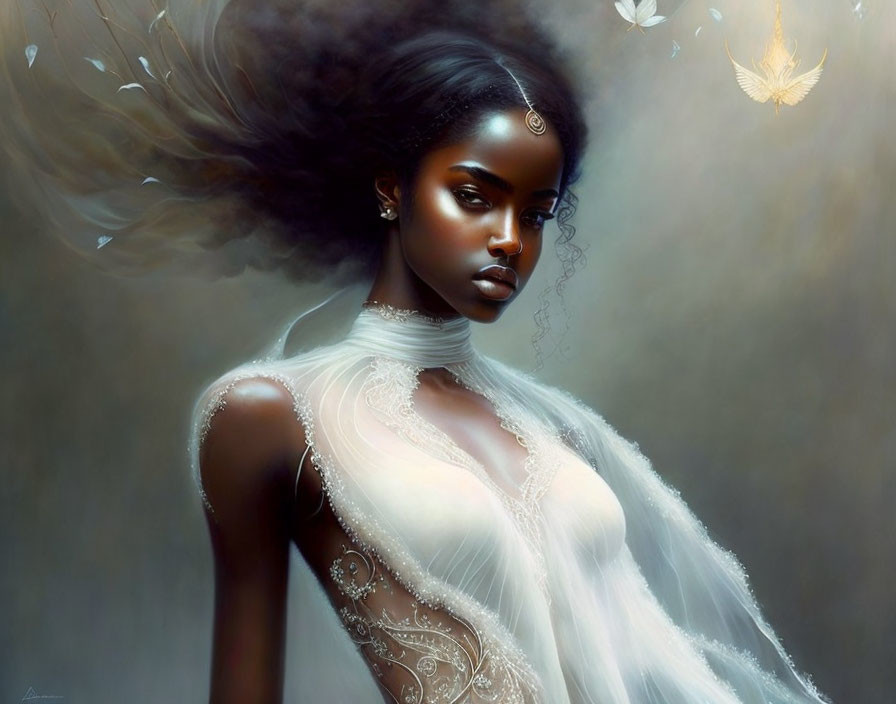 Ethereal digital artwork: Woman with flowing hair and glowing bird