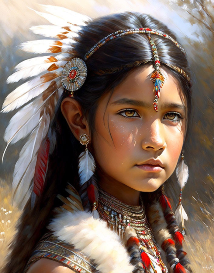 Portrait of Young Girl in Native American Headdress and Jewelry