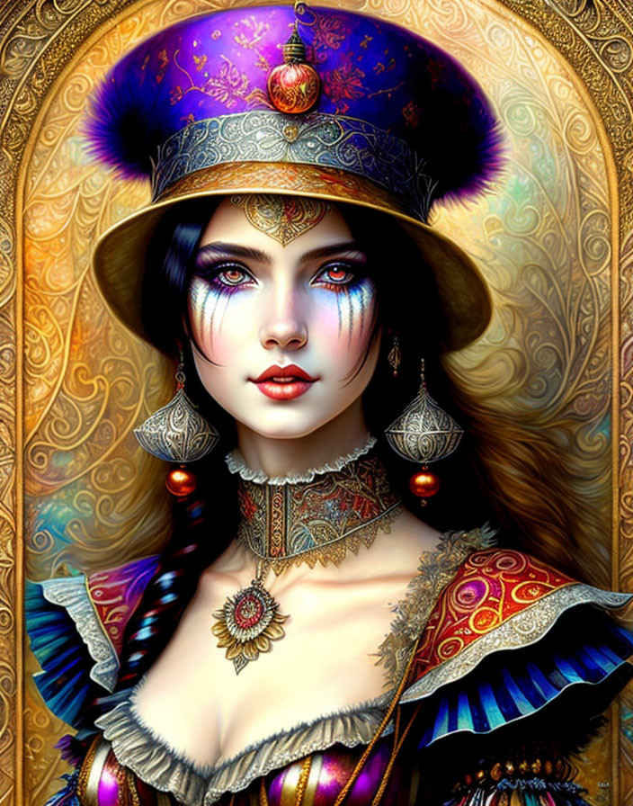 Digital artwork: Woman with blue eyes, dark hair, ornate Eastern attire, jeweled hat.