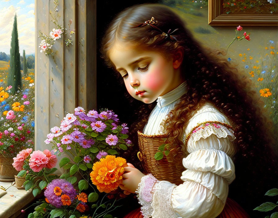 Young girl with long, curly hair admiring bright orange flower by window