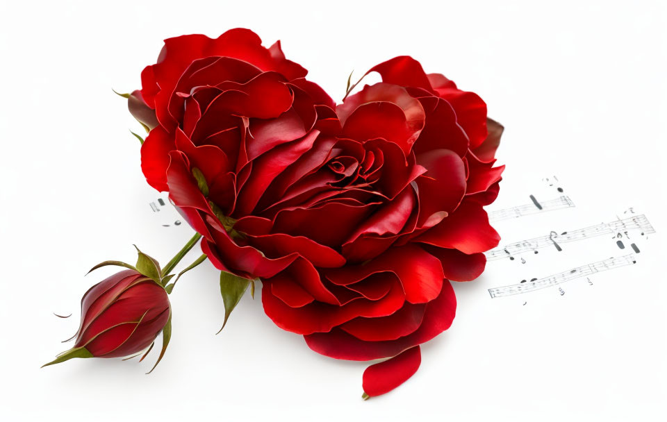 Red Rose Blossom and Musical Notes on White Background