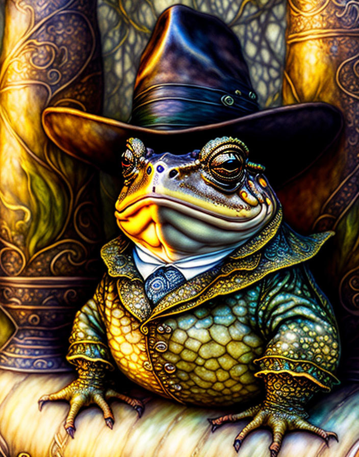 Anthropomorphic frog in suit and hat against patterned background