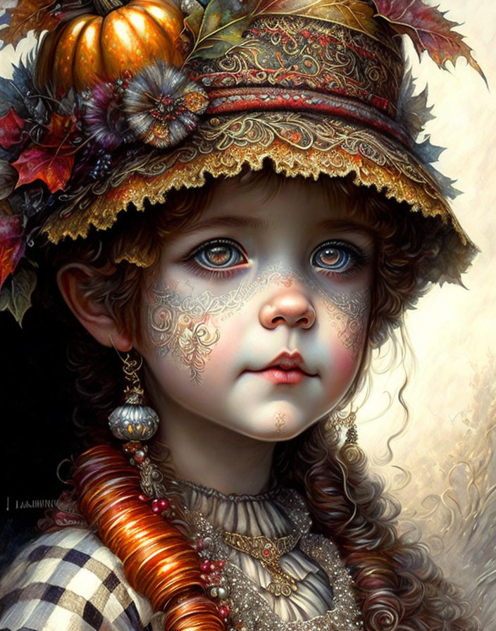 Young girl portrait with blue eyes, face paint, decorative hat, and autumn accessories