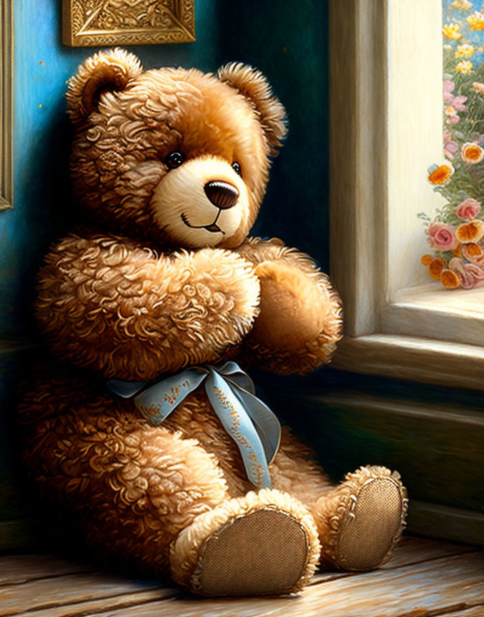 Plush Teddy Bear with Bow by Sunlit Window