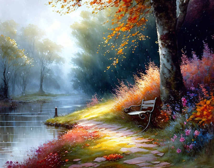 Tranquil autumn lake with bench and colorful foliage