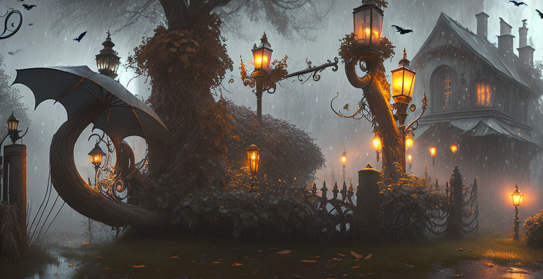 Eerie rain-soaked scene with twisted tree, vintage street lamps, mysterious house, and crows