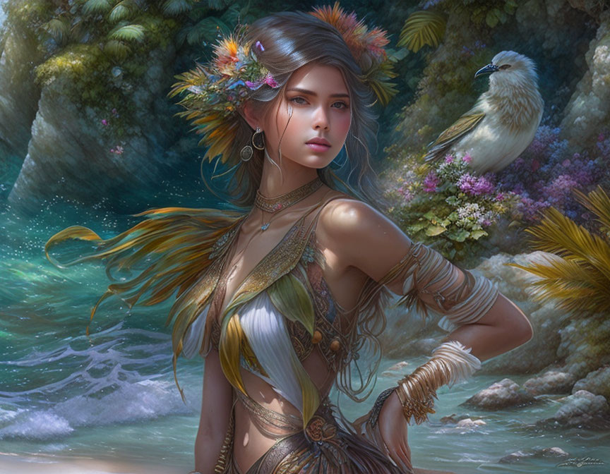 Fantasy illustration of woman with floral headpiece and bird companion