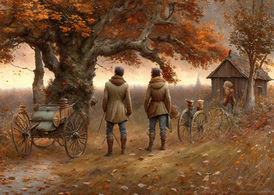 Two people in autumnal attire by wooden cart under orange tree - tranquil rustic scene