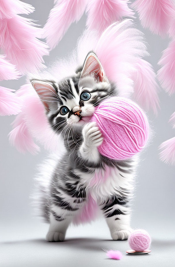 Adorable kitten with blue eyes and pink yarn ball on feathered background