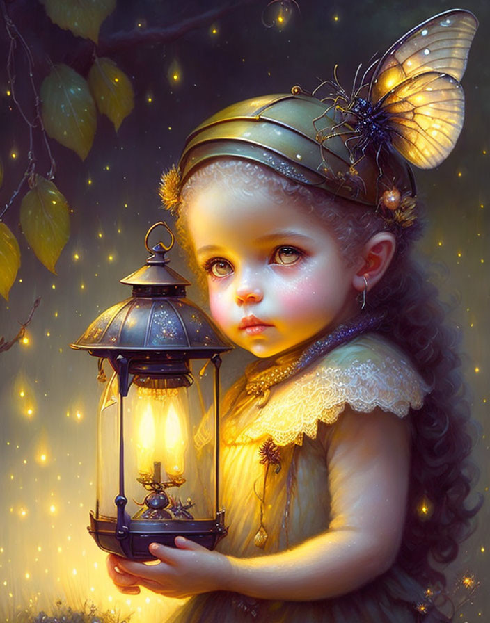 Child with lantern and butterfly in magical illustration