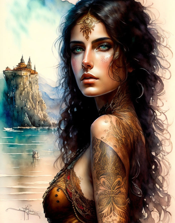 Fantasy artwork: Woman with tattoos, jewel, blue eyes, wavy hair, castle.