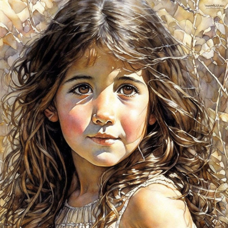 Detailed Painting: Young Girl with Wavy Brown Hair and Big Brown Eyes