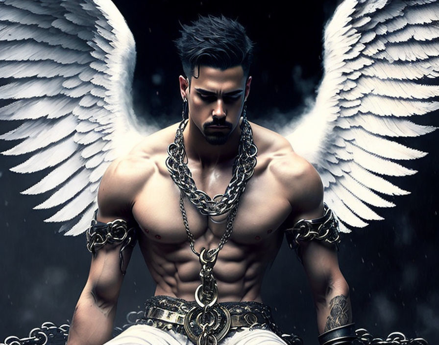 Muscular tattooed man with angel wings and chains on dark background