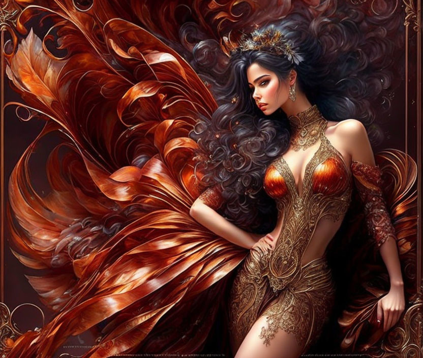 Fantastical image: Woman with dark hair, golden attire, and phoenix-like feathers.