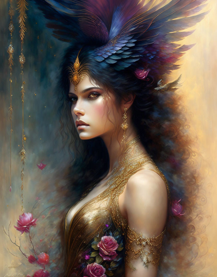 Fantasy portrait of a woman with dark hair and feathered headdress in mystical ambiance