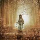 Child with angel wings in sunlit forest with bird, autumn leaves