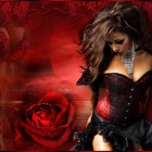 Illustration of woman with floral hair, dark corset, surrounded by red roses on mystical background