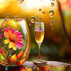 Colorful digital art: transparent sphere with water, floating flower, droplets, and flowers on warm