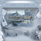 Snow-covered buildings, frozen river bridge, lanterns, falling snowflakes