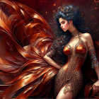 Fantastical image: Woman with dark hair, golden attire, and phoenix-like feathers.