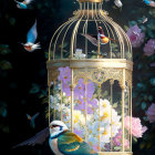 Gold Birdcage with Pink Roses, Bluebird, and Two Birds in Nature Setting