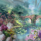 Fantasy landscape with flower-covered cottage, stone bridge, vibrant flora, and butterflies