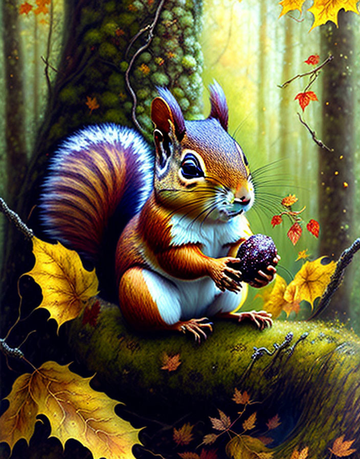 Colorful squirrel on branch in autumn forest with nut and falling leaves