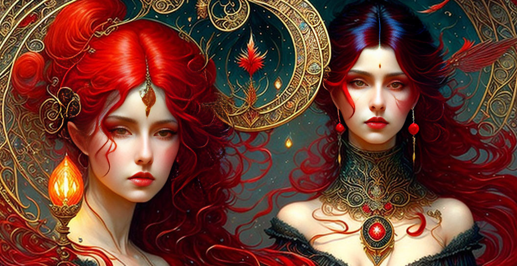 Fantasy women with red hair and gold jewelry in mystical setting