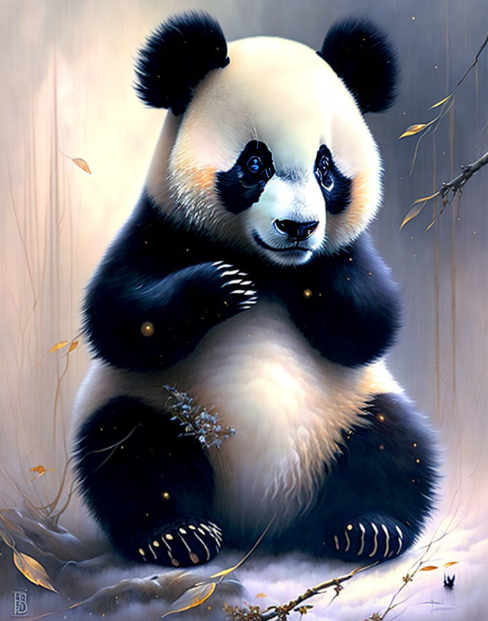 Panda illustration in misty woodland with lighting effects