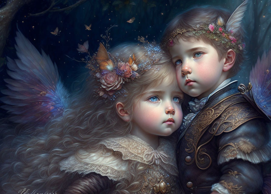 Detailed illustration of angelic children in ornate clothing with delicate wings, surrounded by mystical stars and butterflies