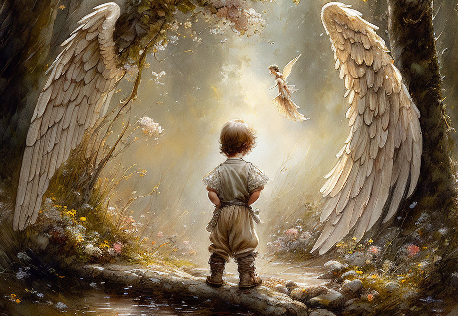 Child with curly hair admires angel wings and ethereal figure in forest scene