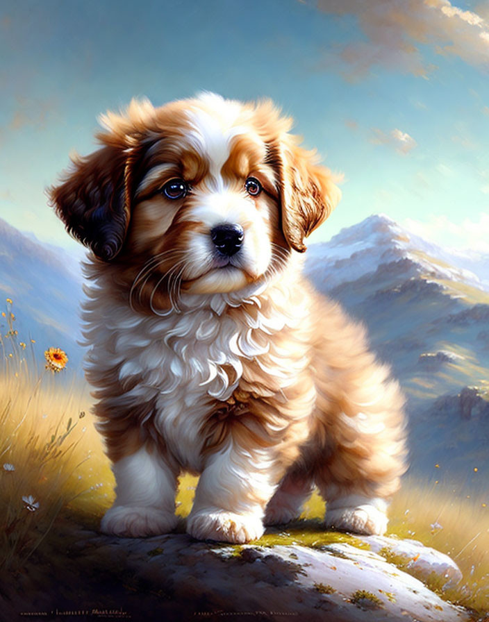 Fluffy white and brown puppy on rock in sunny mountain landscape