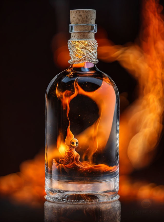 Skull-shaped smoke wisp in glass bottle surrounded by fiery orange flames